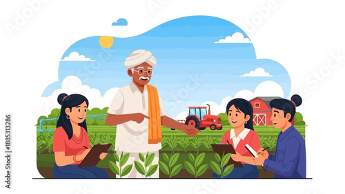 Illustration of an Indian farmer and people discussing agriculture in a green field with a tractor, conveying a sense of rural community and farming practices.