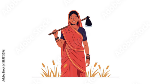 Illustration of an Indian farmer woman in a traditional orange sari holding an agricultural tool over her shoulder, standing amidst wheat or paddy plants against a clean white background