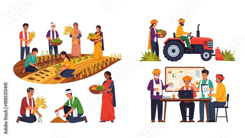 Illustration of Indian farmers and people engaged in various agriculture and business activities in a colorful, flat vector style with a mix of warm and vibrant tones.