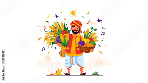 Illustration of an Indian farmer character holding a basket of plants and wheat with a joyful and colorful background