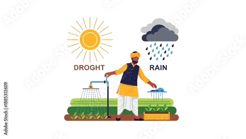 Illustration of an Indian farmer standing with farming tools under contrasting weather conditions of drought and rain, with lush green crops.