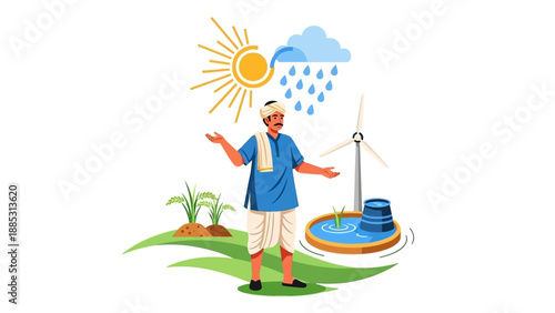 An Indian farmer stands in a lush green field with a wind turbine and rain clouds, symbolizing sustainable agriculture and renewable energy.