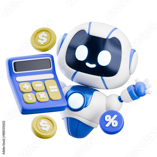 Friendly robot with a calculator and coins, symbolizing finance, technology, and business growth