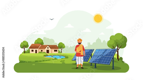An Indian farmer in traditional clothing stands beside solar panels in a green field with trees and houses under a sunny sky.