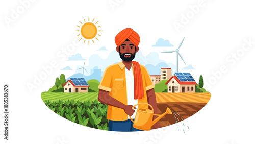 Illustration of an Indian farmer standing in a field with a watering can, surrounded by houses and wind turbines under a sunny sky.