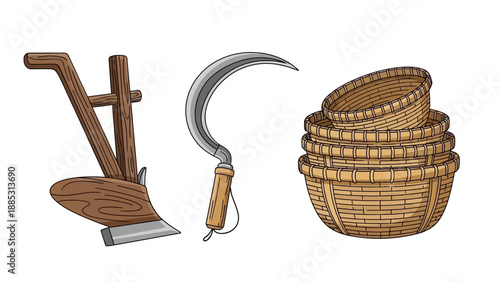 Vector illustration of Indian farmer tools and baskets for agriculture, including a sickle, scythe, and wicker baskets on a white background.