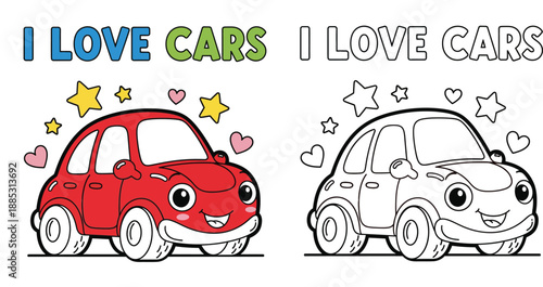 Coloring book page for kids with cute cartoon red car and black and white outline. I love cars text, hearts, stars, and happy smiling vehicle character vector illustration for children.