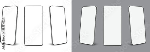 Smartphones with blank screens on white and gray backgrounds