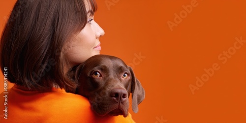 Female embracing dog against orange background © Iryna