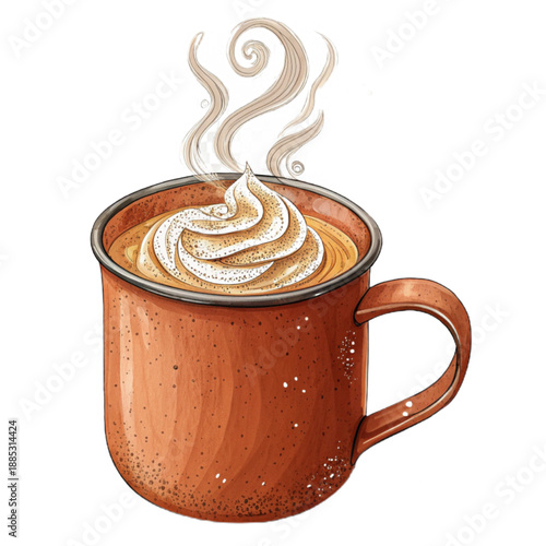 A cozy enamel mug filled with a pumpkin spice latte in a tiny setting, evoking a sense of warmth and comfort.