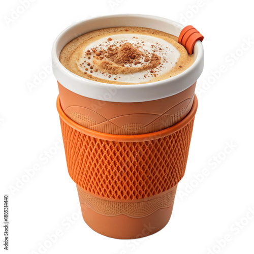 A reusable silicone cup filled with a warm and cozy pumpkin spice latte, perfect for a fall morning