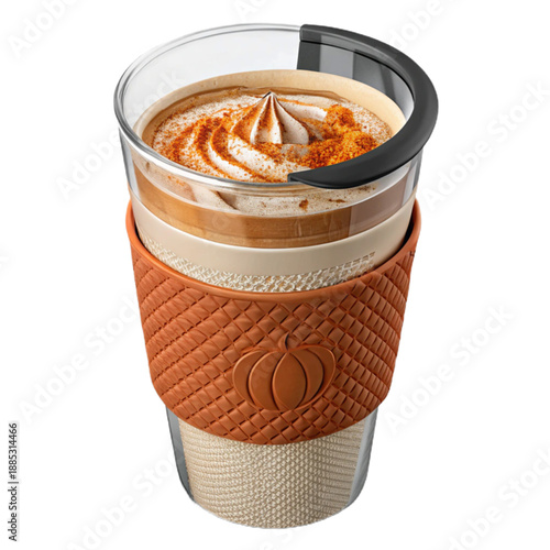 A reusable silicone cup filled with a delicious pumpkin spice latte on a black background, perfect for fall and autumn marketing campaigns
