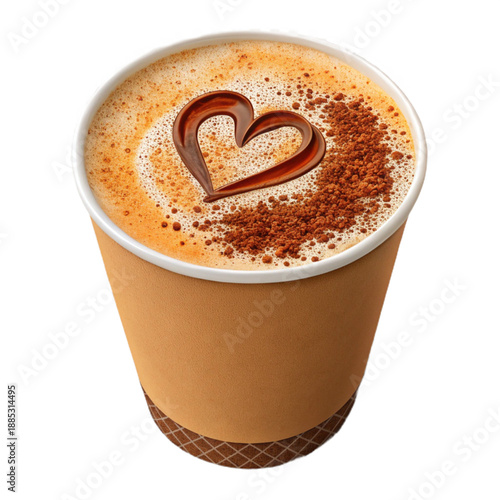 Cozy pumpkin spice latte in a disposable cup with a heart design on top, evoking feelings of warmth and comfort.