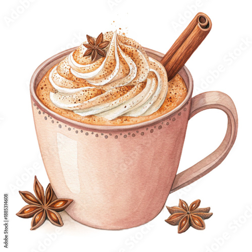 A soft pastel mug filled with a delicious pumpkin spice latte, topped with whipped cream and cinnamon, evoking a sense of warmth and comfort.