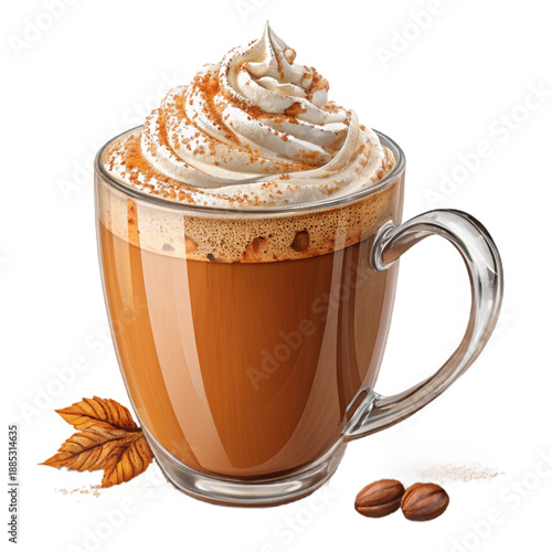 Warm and inviting pumpkin spice latte in a thick-rimmed mug, topped with whipped cream, evoking feelings of comfort and coziness.