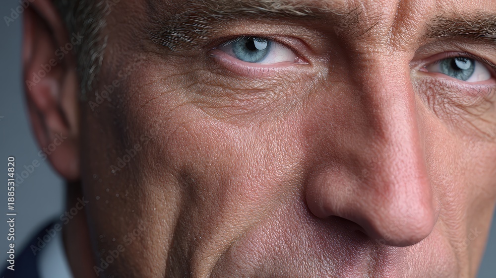 Fototapeta premium Macro Portrait of a Mature Man with Intense Blue Eyes and Skin Detail