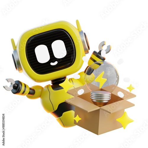 Creative Robot Character Holding a Light Bulb Ideas with Sparkles