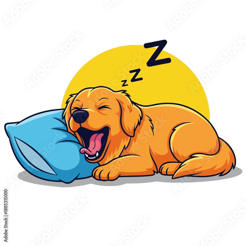 Adorable Golden Retriever dog sleeping peacefully on a pillow with Z's indicating sleep and rest, a heartwarming scene of canine slumber