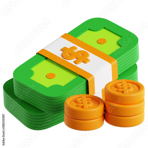 3D illustration of a stack of cash and coins, symbolizing wealth and financial growth