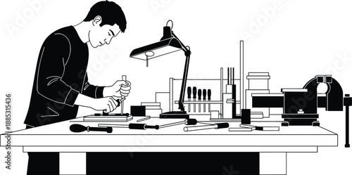 Detailed vector illustration of a male technician working at a professional workbench with a lamp and various tools