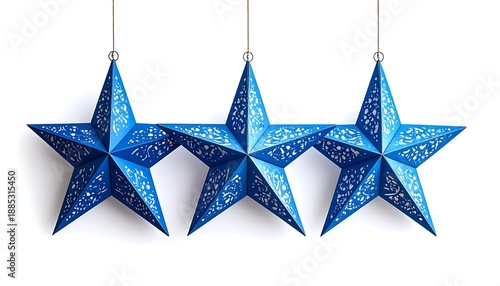 Three hanging, blue, ornate star ornaments with intricate cut-out designs