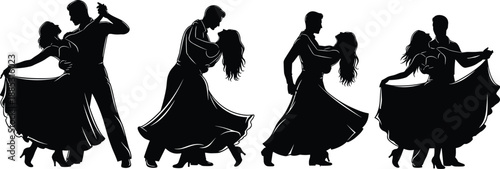 Ballroom dance couples silhouettes in elegant poses, waltz, tango and partnered spins, romantic dance vector illustration for wedding, performance, and choreography design
