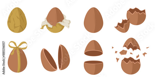 Set of chocolate Easter egg icons including wrapped in gold foil, unwrapped, broken shells, and halved chocolate eggs Flat Vector Illustration