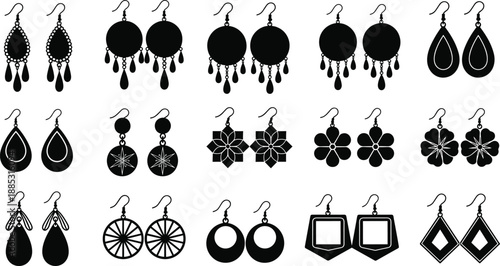 Earrings silhouette collection, hanging and stud jewelry designs, floral, geometric and round shapes, women fashion accessories, black vector illustration set