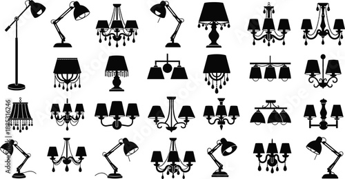 Lighting fixtures silhouette collection, chandeliers, table lamps, floor lamps and desk lamps, decorative pendant lights and wall sconces, interior design vector icons