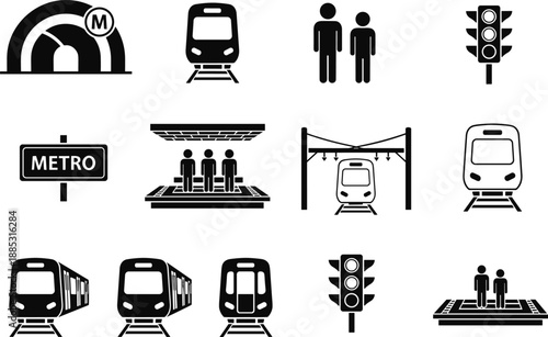 Metro transportation icon set, subway train, station platform, passengers and traffic light silhouettes, urban public transit symbols, black vector illustration collection