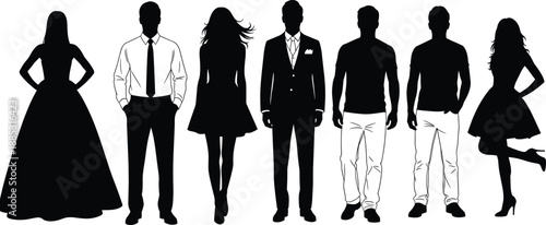 People silhouette collection, male and female figures in formal and casual poses, dress and suit profiles, fashion, portrait and vector cutout set