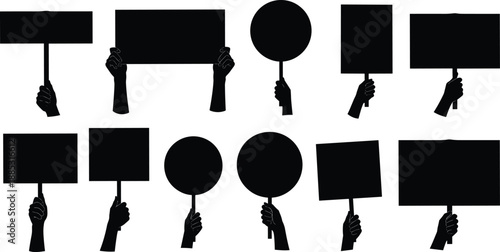 Protest placard and signboard silhouette collection, raised hands holding blank banners, demonstration and activism symbols, black vector illustration set