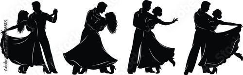 Romantic ballroom dance couple silhouettes, elegant waltz and tango poses, flowing gowns and tailored suits, partner dance vector illustration for wedding and performance
