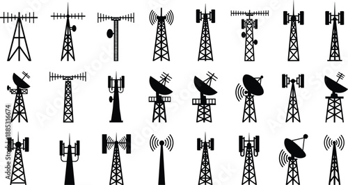 Telecommunication tower and satellite dish icon set, cellular and radio antenna silhouettes, wireless network infrastructure symbols for telecom and broadcast design