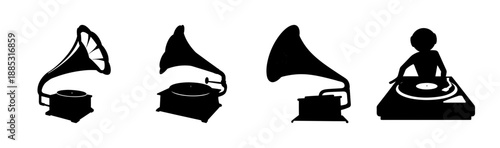 Vintage gramophone silhouettes and DJ with turntable illustration
