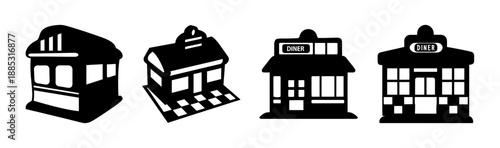 Retro diner and shop building silhouettes for vintage design
