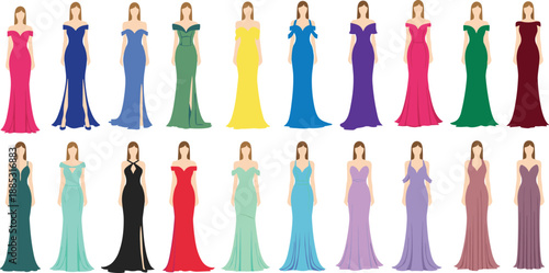 Women evening gown collection illustration, elegant long dresses in various colors and styles, formal fashion apparel set, bridesmaid and party wear vector