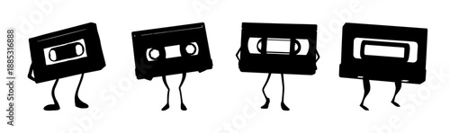 Anthropomorphic VHS tapes with legs, retro media characters dancing and walking.