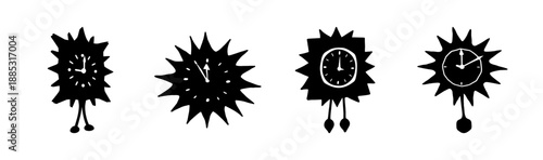 Various styles of anthropomorphic sunburst and cuckoo clocks.