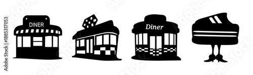 Retro diner building icons in black and white vector silhouette.