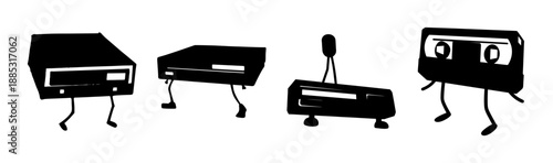 Anthropomorphic VCRs and cassette tapes with legs, retro technology characters in motion.