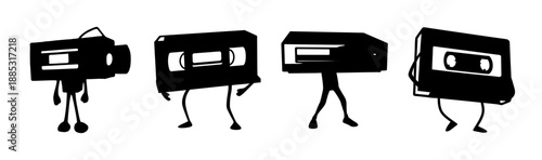 Anthropomorphic VHS camcorder and cassette tapes with legs, retro technology characters.