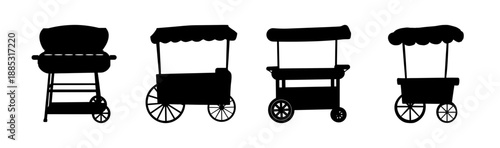 Retro food cart and grill silhouettes for vintage street food