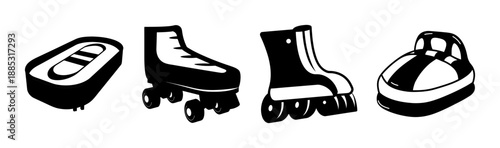 Roller rink floor with various roller skates, vintage skate designs