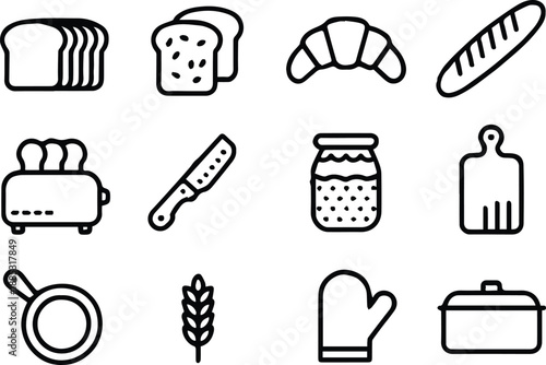 bread baking icons loaf croissant baguette toaster kitchen set