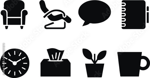 therapy line icons set showing couch chair clock tissue cup