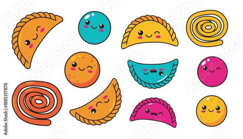 A collection of cute, kawaii-style Indian sweets and snacks, including various types of karanji, chakli, and laddu, with cheerful cartoon faces.