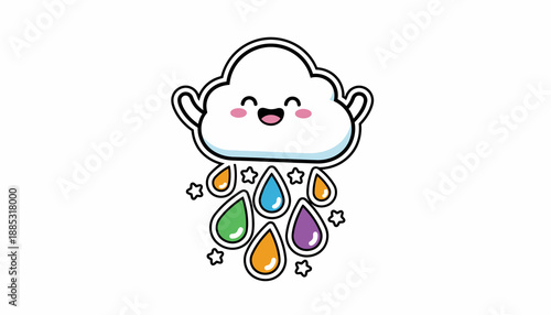 A cute, smiling cartoon cloud is raining colorful raindrops and stars, with a cheerful expression.