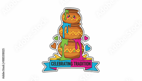 A stack of three decorated clay pots with colorful liquid dripping down, celebrating tradition.