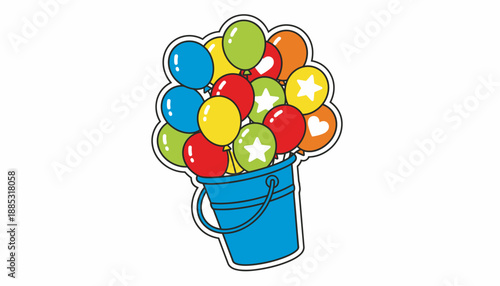 A vibrant bucket overflowing with a colorful assortment of balloons.